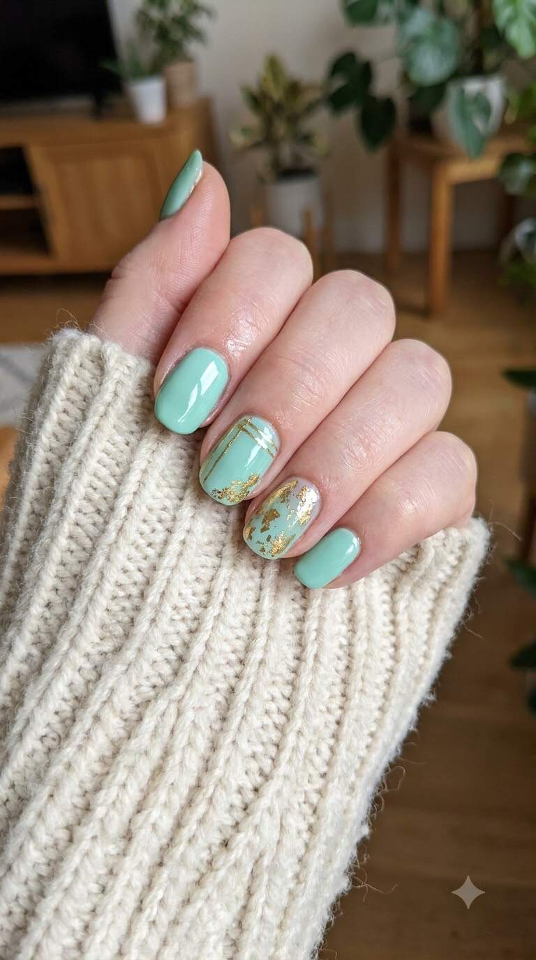 Mint and Gold Accent Nails