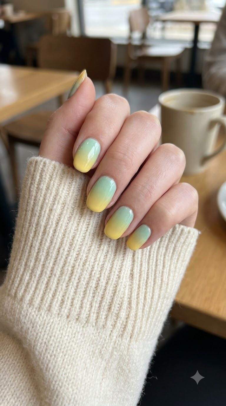 Mint to Yellow Ombre Nails