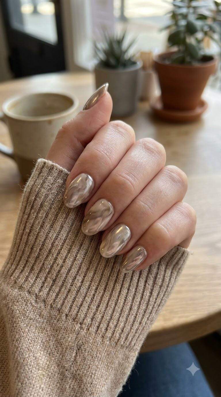 Neutral Marble Chrome Nails