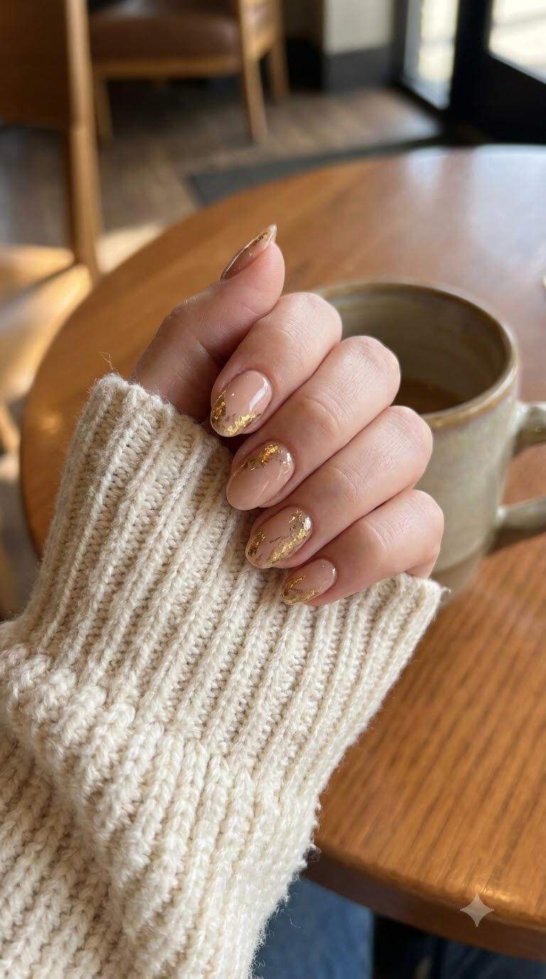 Nude and Gold Accent Nails