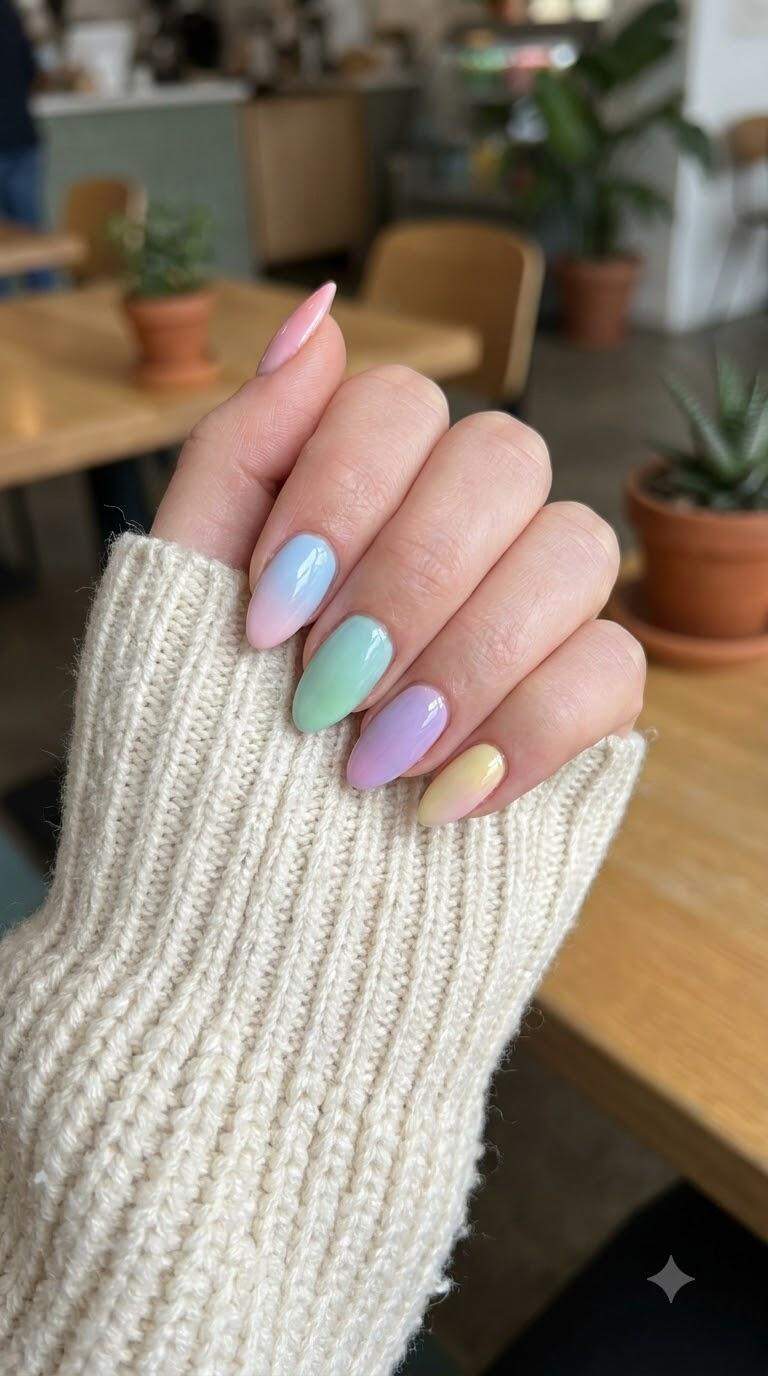 Pastel Rainbow Ombre Almond Nails