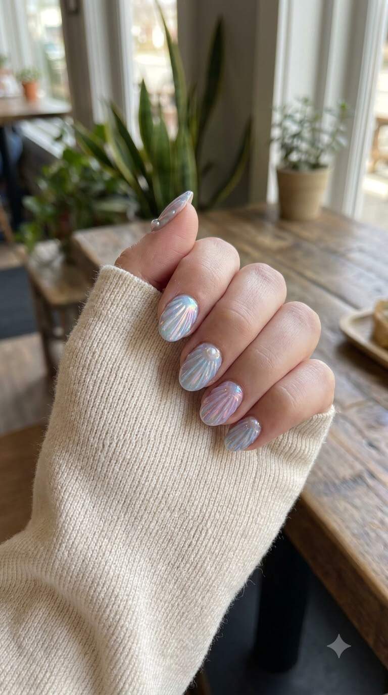 Seashell Holographic Nail Art