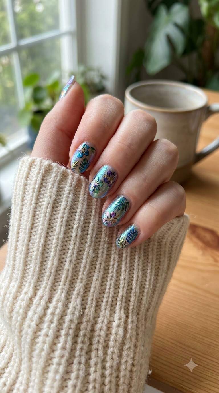 Tropical Flower Iridescent Nails