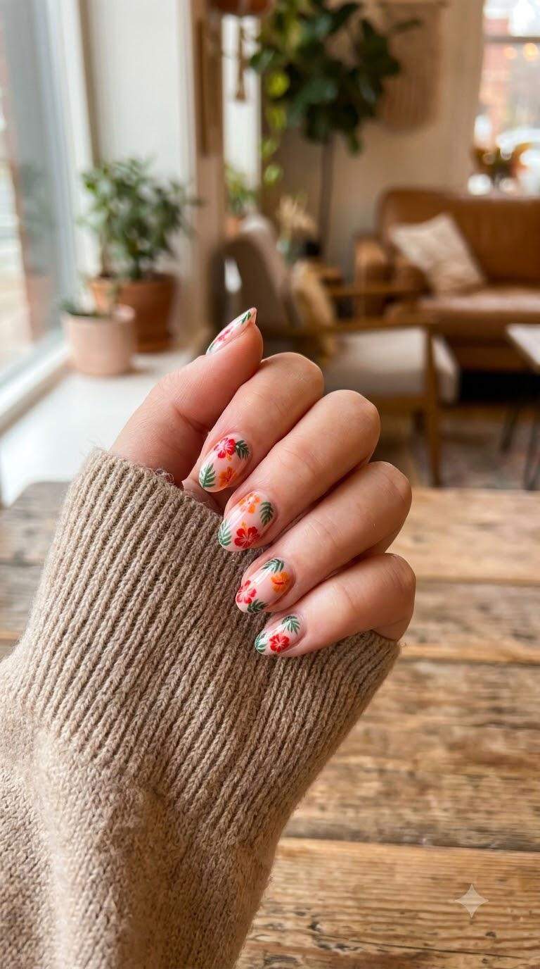 Tropical Hibiscus Flower Nails
