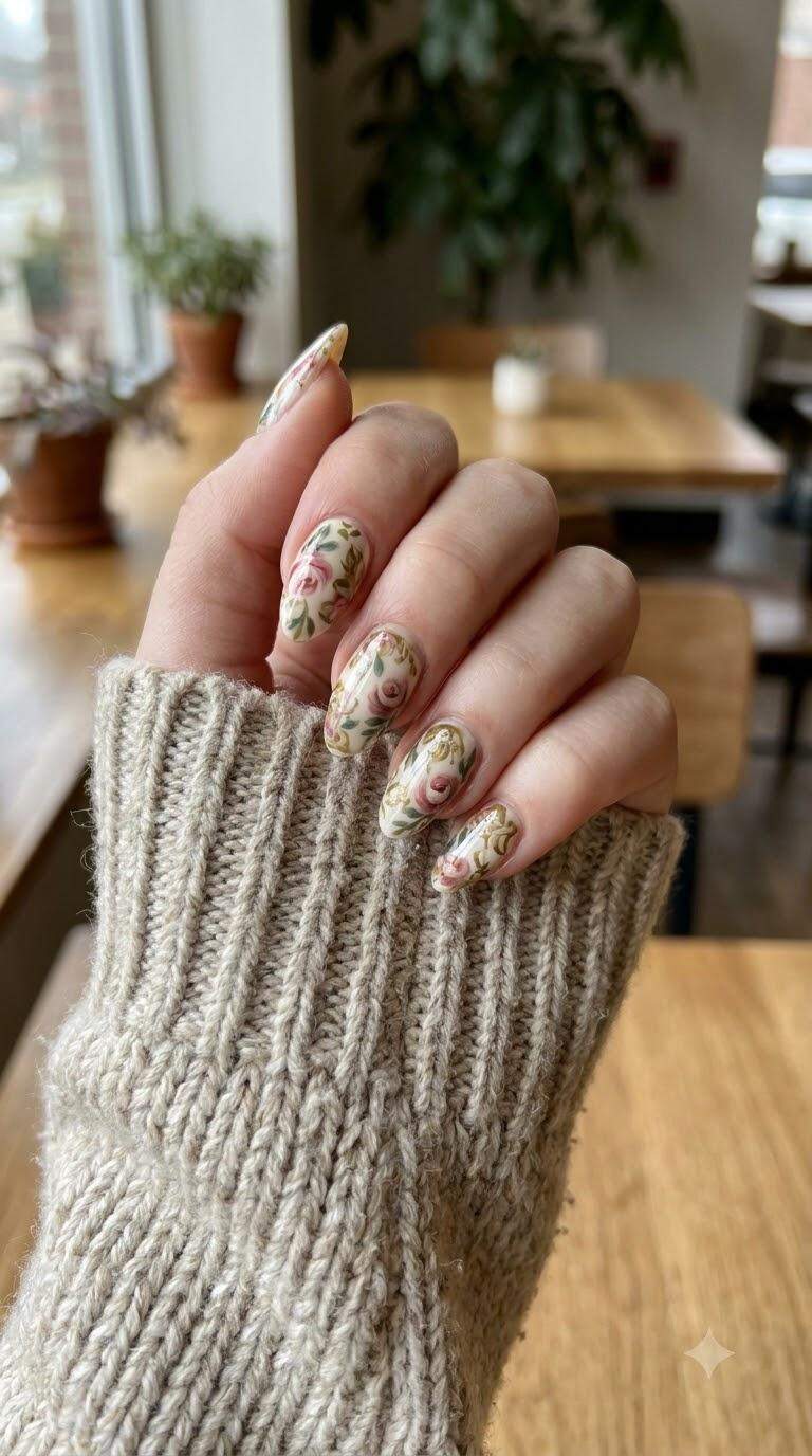 Vintage Floral Almond Nails
