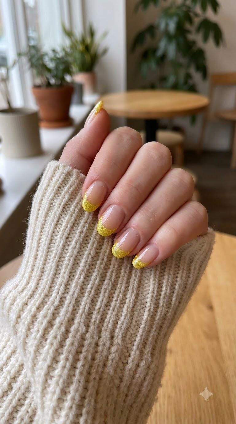 Yellow Glitter French Tip Nails